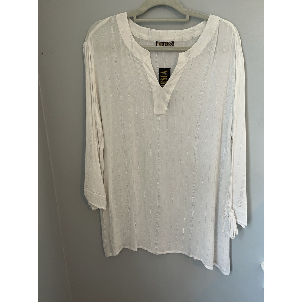 MODA FRESCA, Women's White Silver 3/4 Sleeves, Cover Up Size 1X